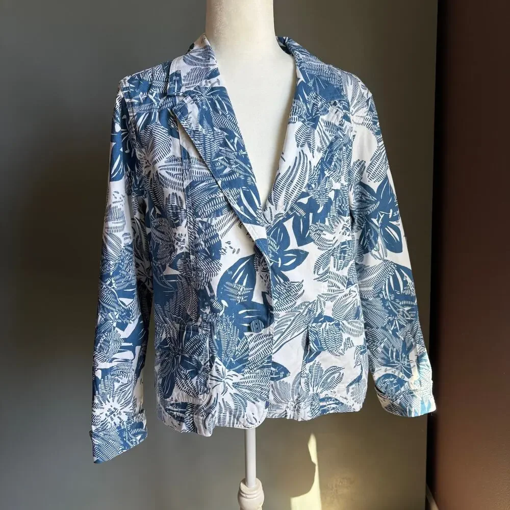 COLDWATER CREEK Women's XL Petit Blue White Floral Notch Lapel Cotton Blazer - Picture 2 of 11